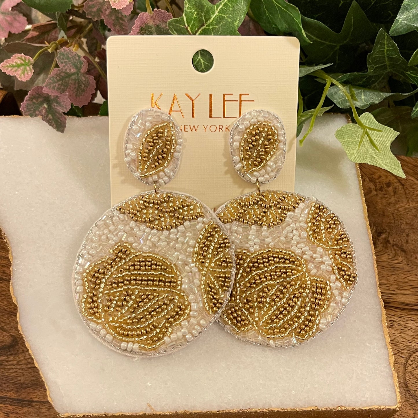 White & Gold Seed Bead Post Back Earrings