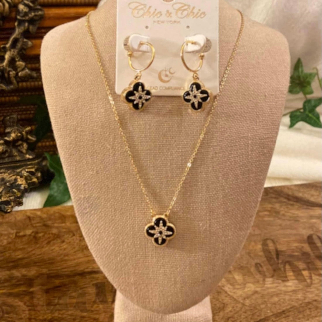 Black and Gold Hoop Earrings and Necklace Set