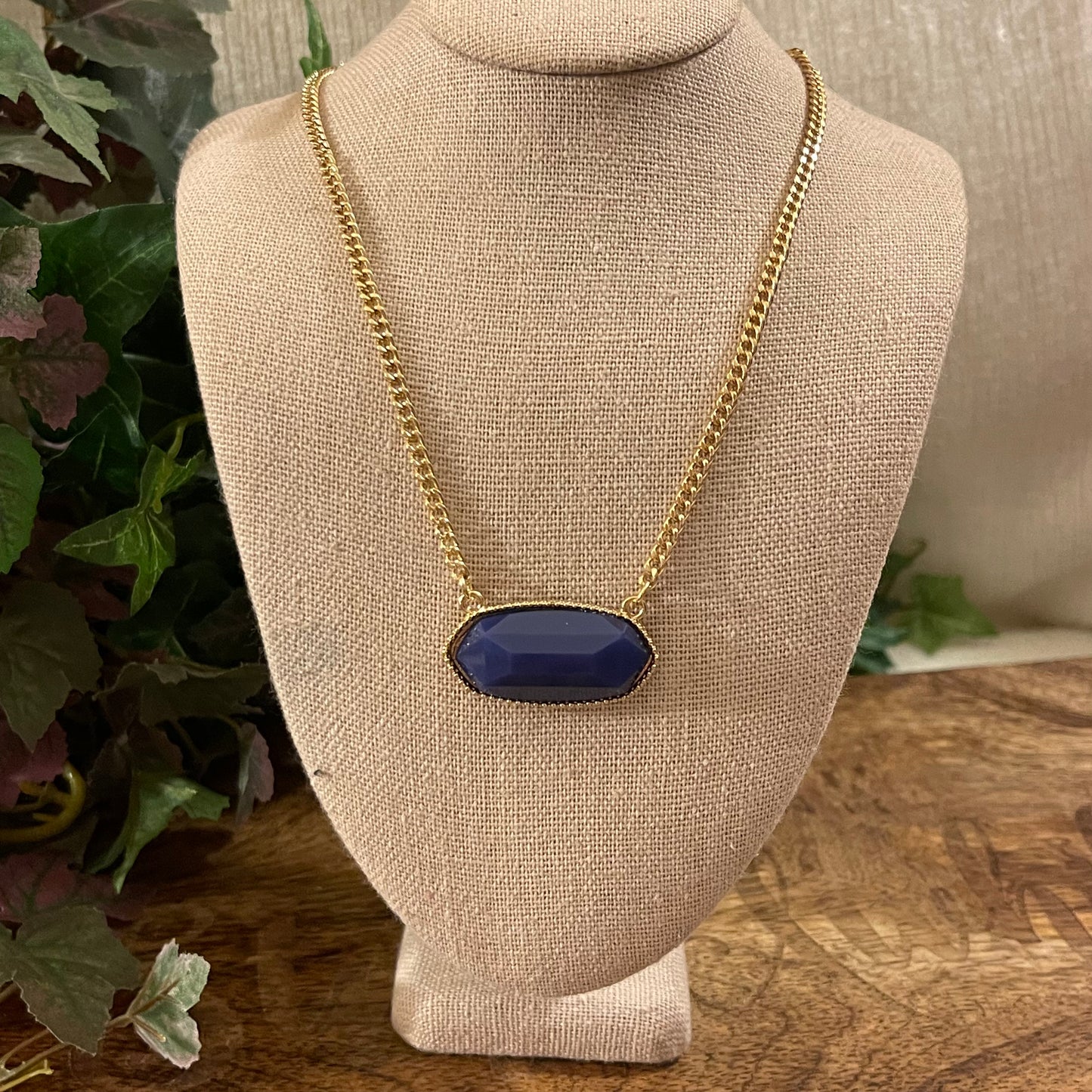Gold Center Stone Necklace and Square Stud Earrings