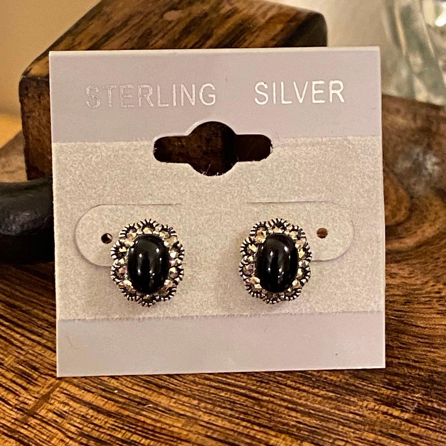 Sterling Silver Black Onyx Oval Halo Marcasite Earrings