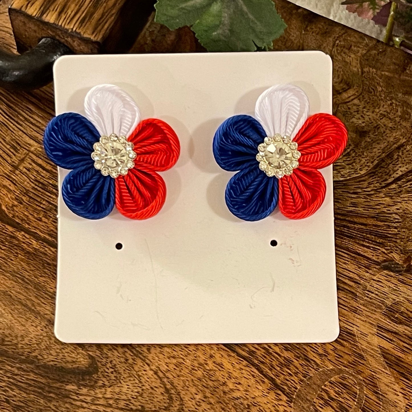 USA 🇺🇸 Red White and Blue Flower with Clear Rhinestone Center Stud Earrings