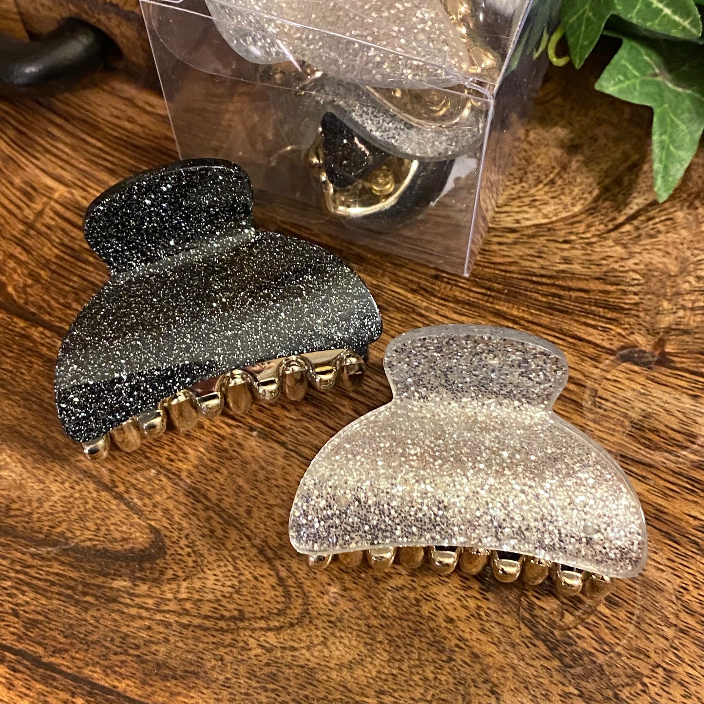 Set Of Two Hair Claw Clips 2” Black & Silver Glitter