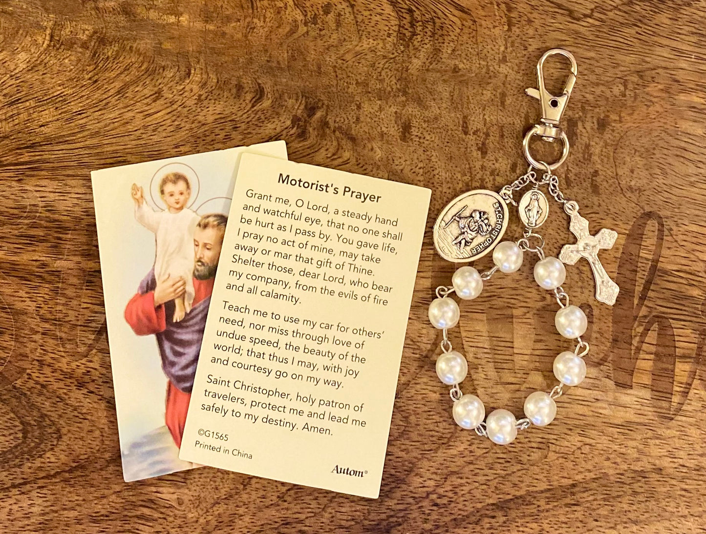 Saint Christopher Travel Clip Pearl or Black Bead