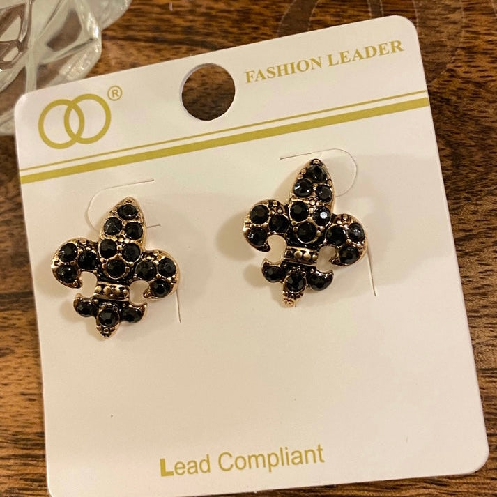 Fleur De Lis Rhinestone Lever Back Earrings