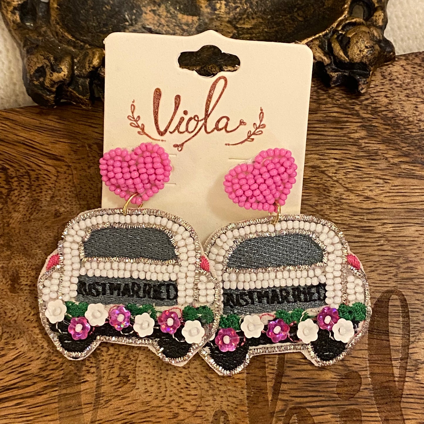 Just Married Seed Bead Statement Post Back Earrings