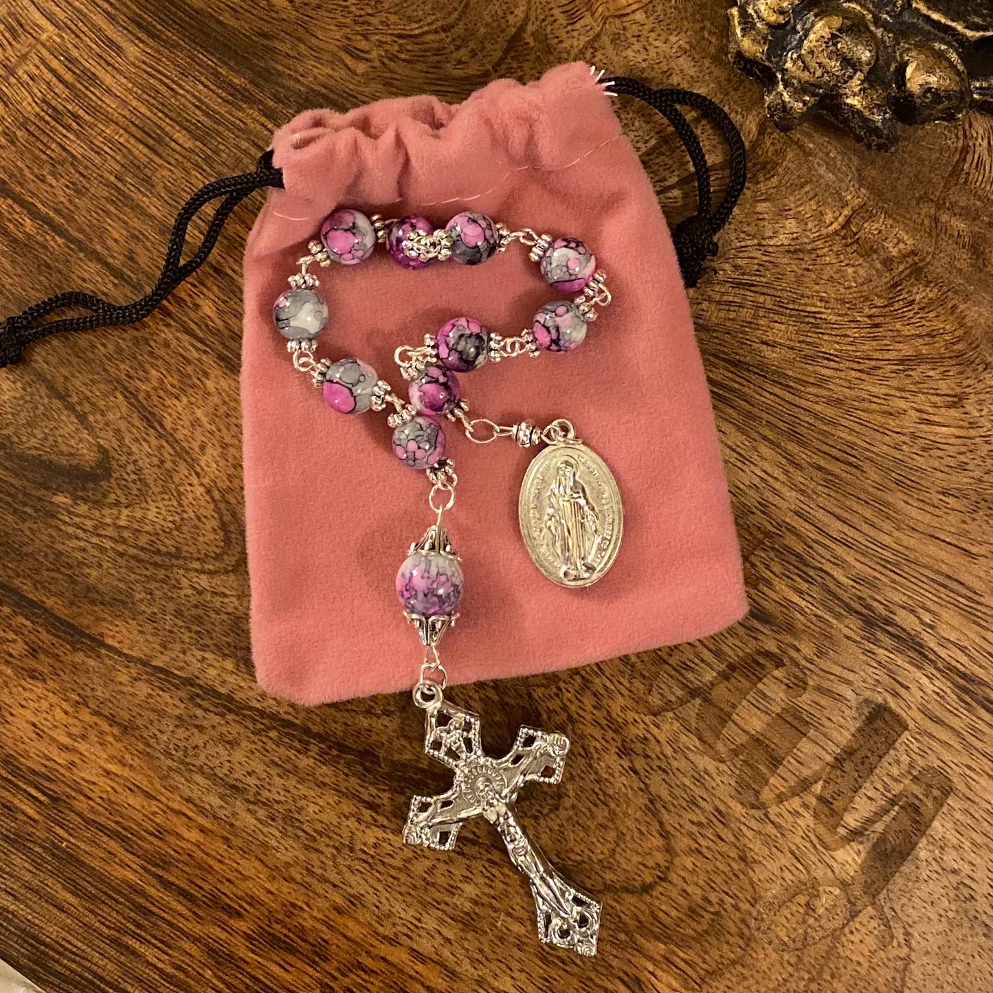 Pink Marble Pocket Rosary & Velvet Pouch