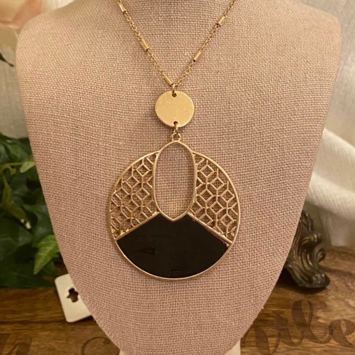 Gold Long Necklace With Gold And Black Cork Pendant