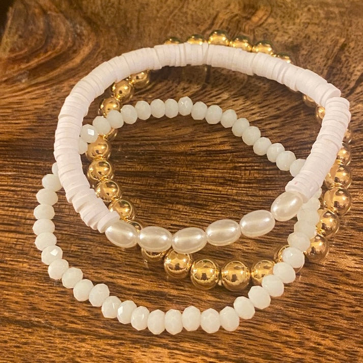 Heishi Bead With Faux Pearl, White Small Bead And Gold Beaded Stretch Bracelet Set Of Three