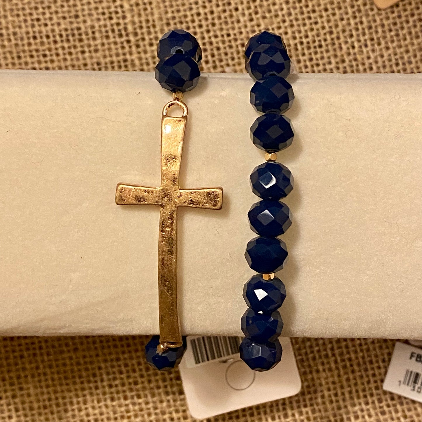 Bracelets - Navy Blue and Gold Stretch Bracelet with Center Cross