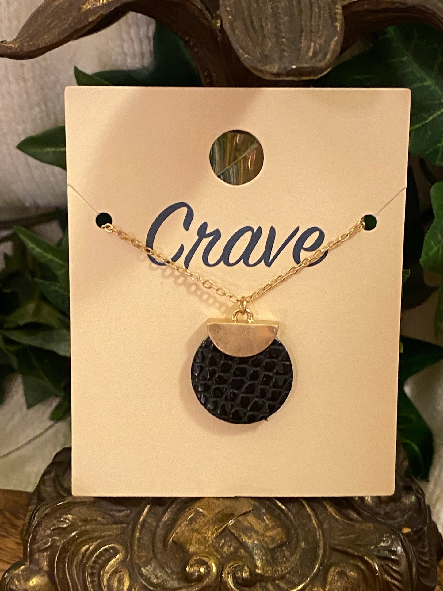 Hammered Gold Metal Black Leather Circle Pendant Necklace