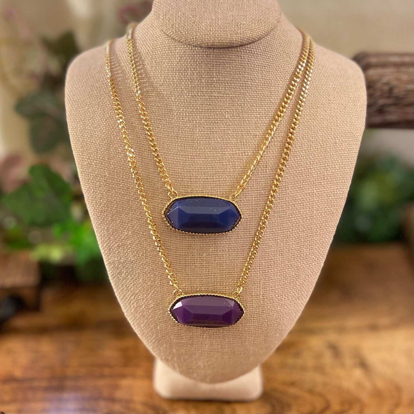 Gold Center Stone Necklace and Square Stud Earrings