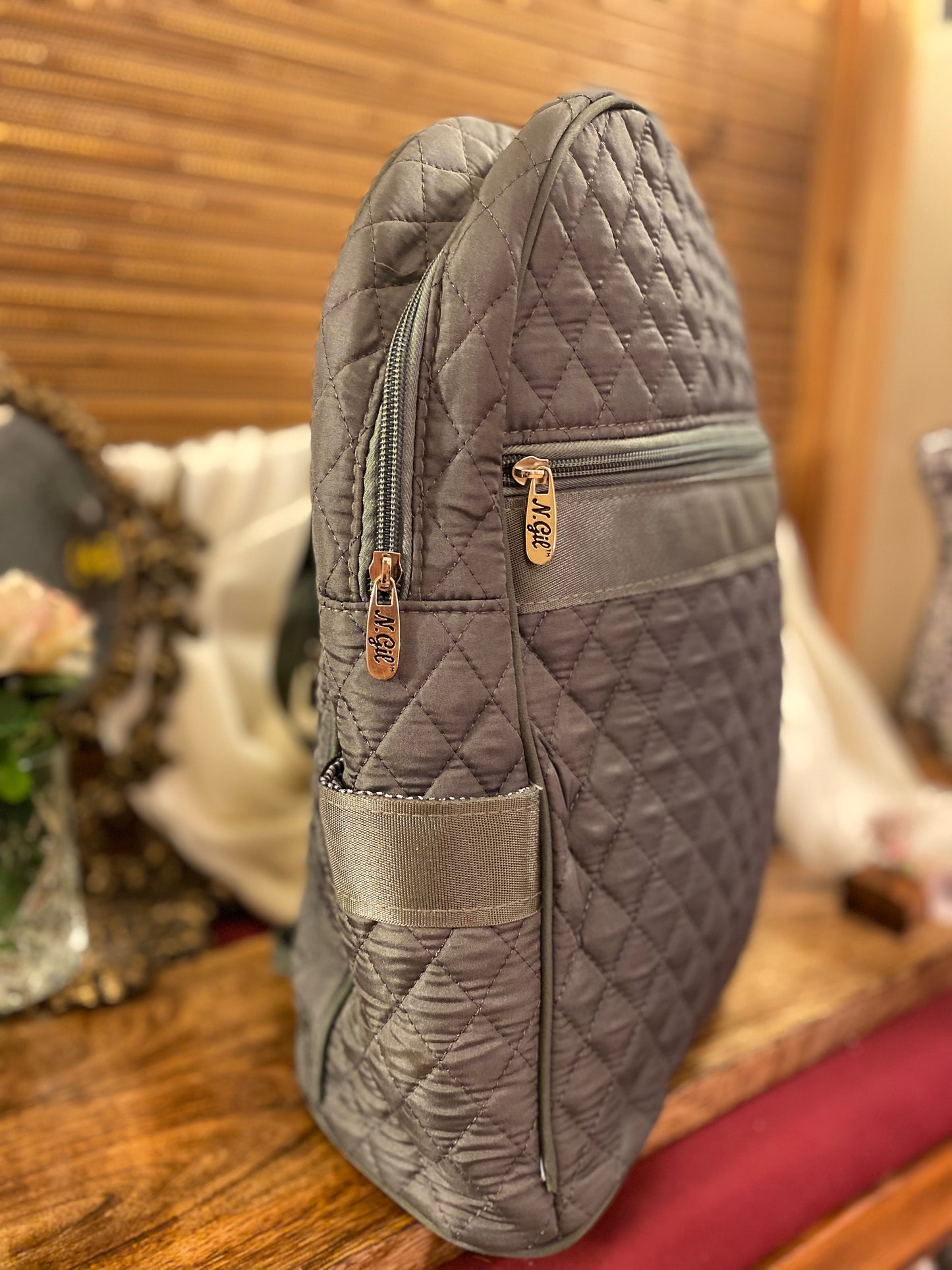 Christmas • Gray Quilted Backpack with Front and Side Pockets or Cream Color Sherpa Backpack ELF or NICE