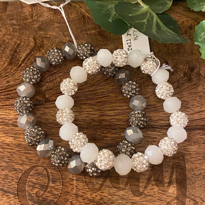 Bracelets - White Beaded Stretch Bracelet With Rhinestone Accents