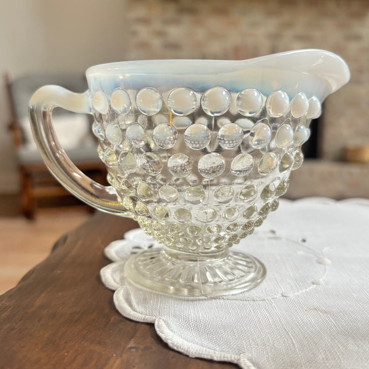 1940’s Anchor Hocking Moonstone Opalescent Hobnail Creamer and Sugar Set