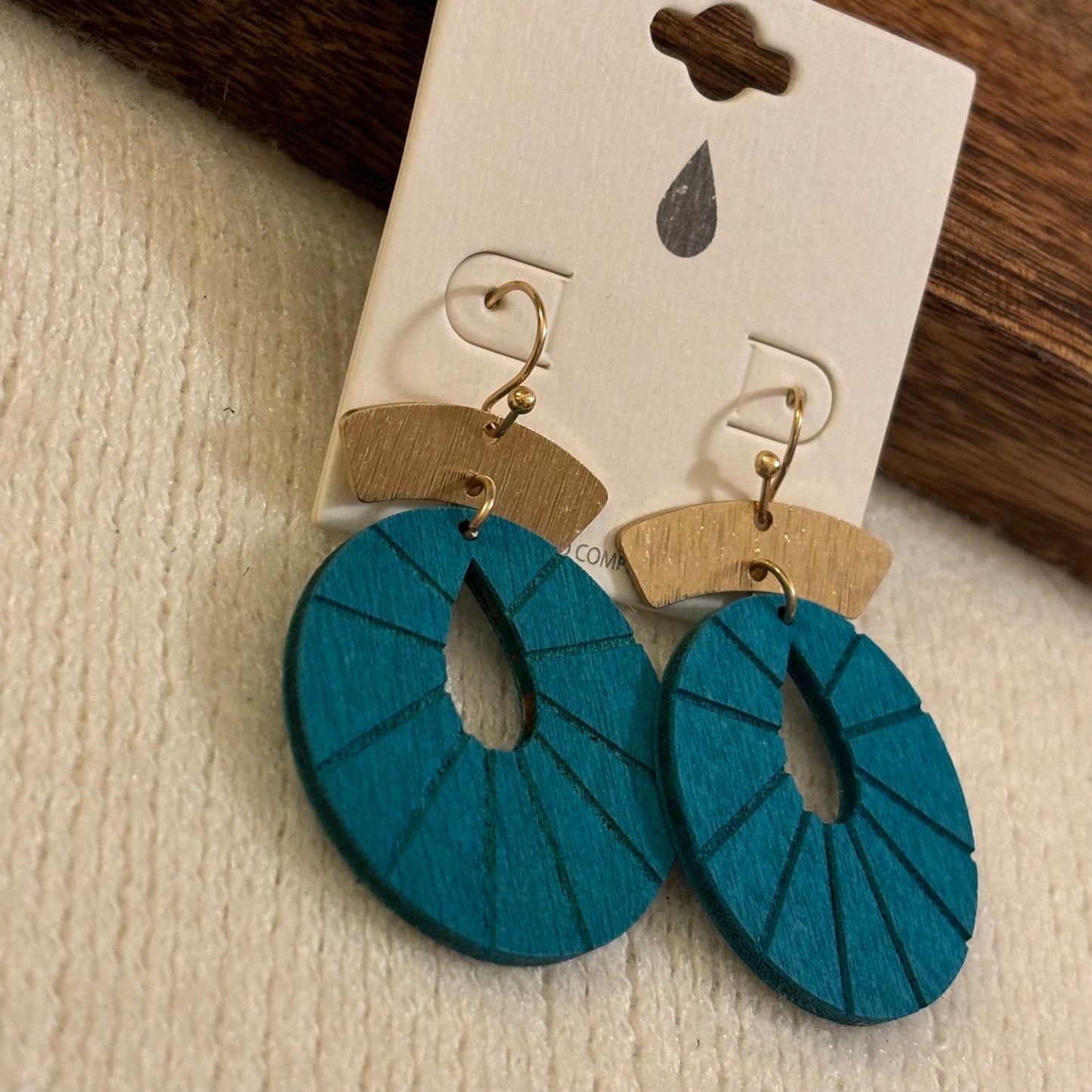 Teal Drop Cut Wood Drop Earrings