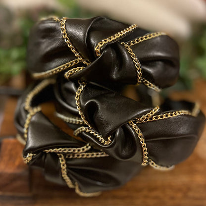 Headband • Black Pleather Embellished with Gold Chainlink