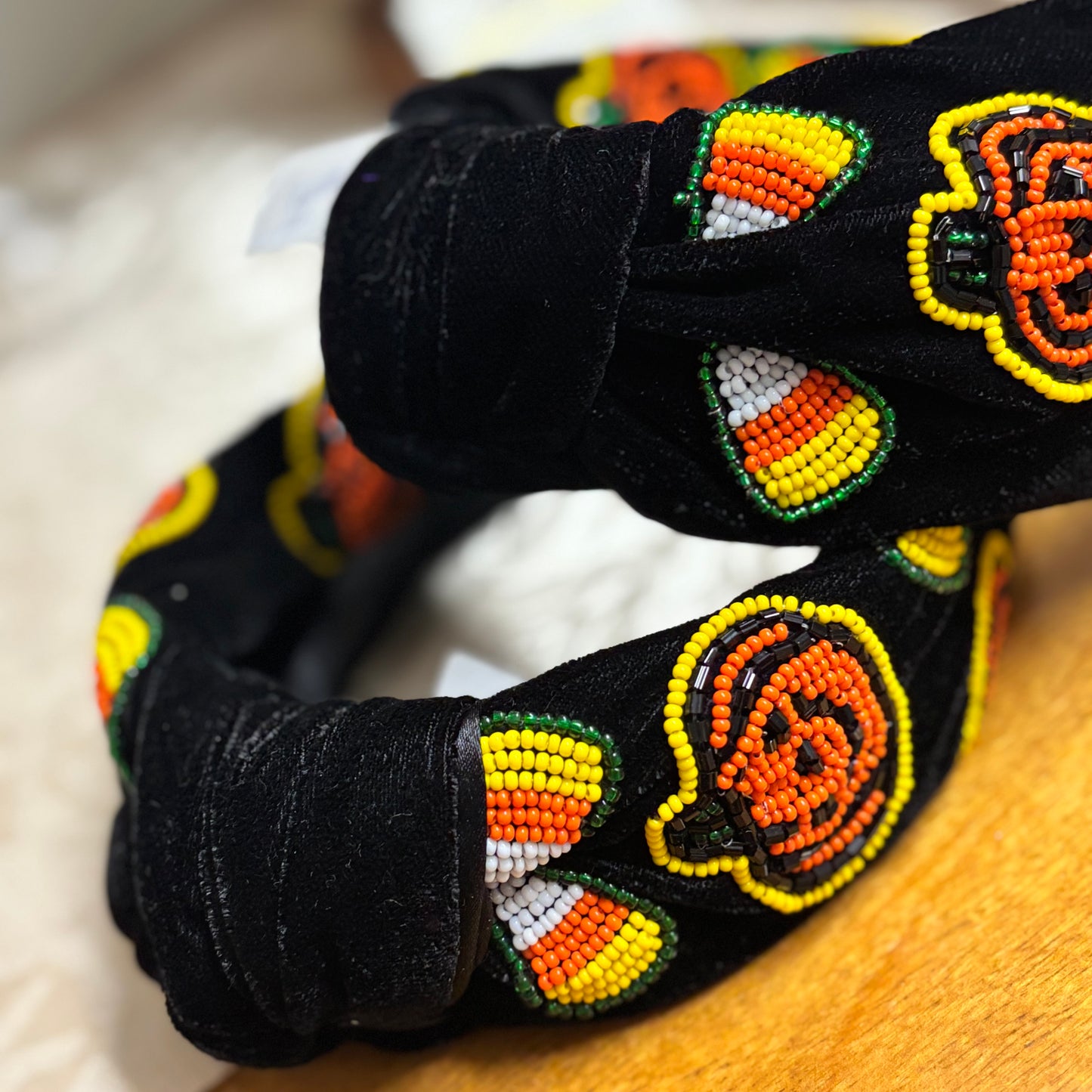 Halloween Headband Embellished with Seed Bead Candy Corn & Pumpkins