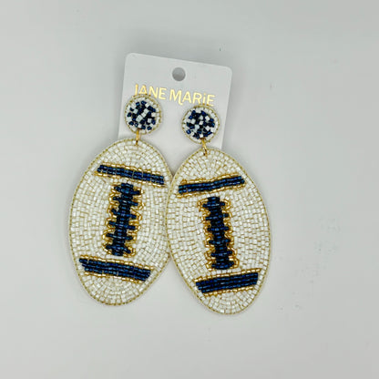 Navy and Ivory Football Earrings with Navy Ivory Gold Seed Bead