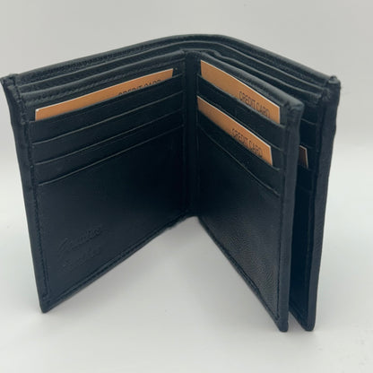 Mens Black Genuine Leather Center Flap Bifold Wallet