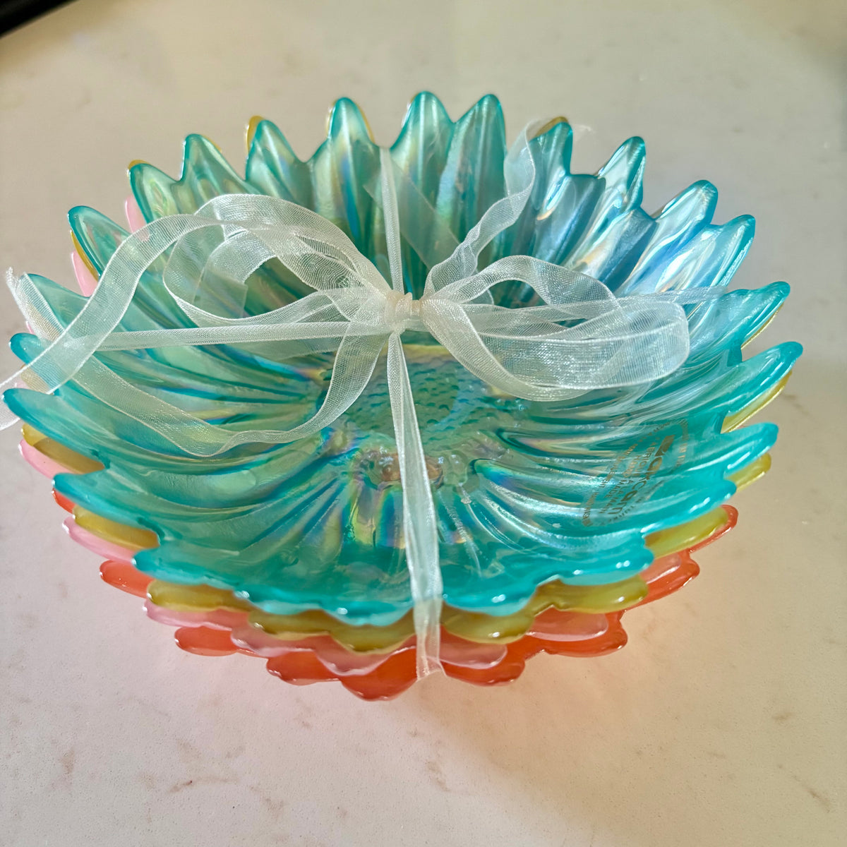 Akcam Turkish Glass Dessert Bowls Set of 4 Pastel Blue Orange Yellow Pink • NEW but Vintage