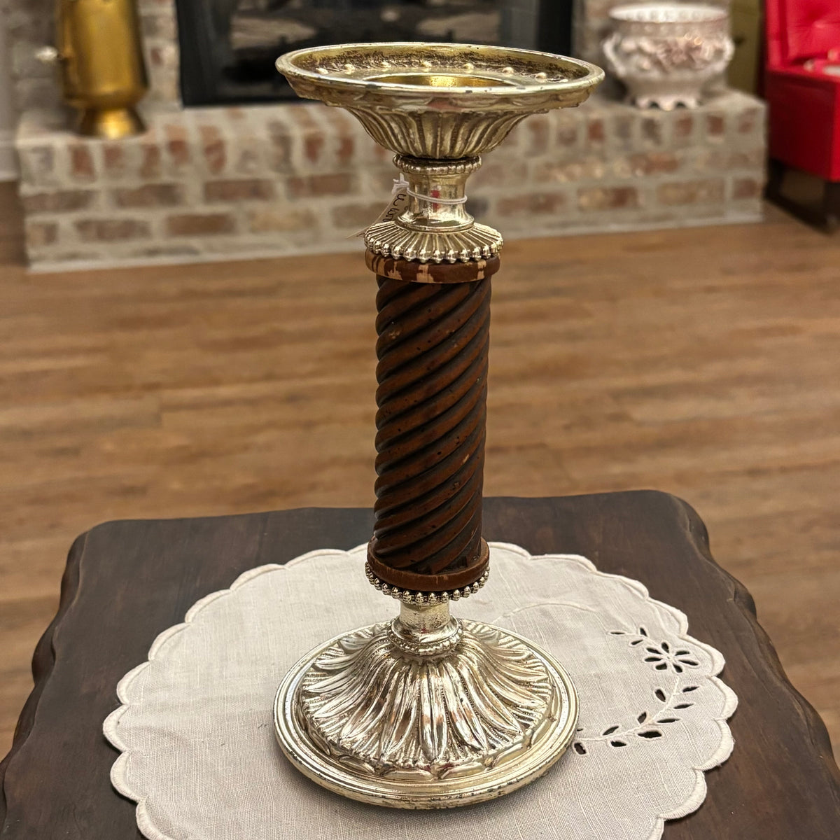 Hallmark 12" Gold Tone Candle Stick Holder 4.5" Twisted Wooden base