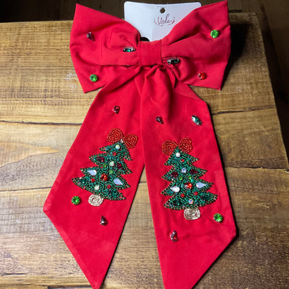 Christmas Hair Bow Featuring Seed Bead and Colored Stones