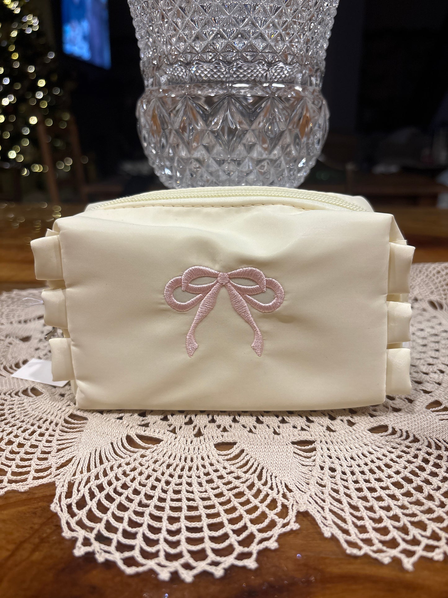 Cosmetic Bag Featuring Embroidered Blue or Pink Bow