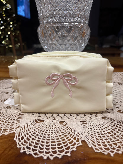 Cosmetic Bag Featuring Embroidered Blue or Pink Bow