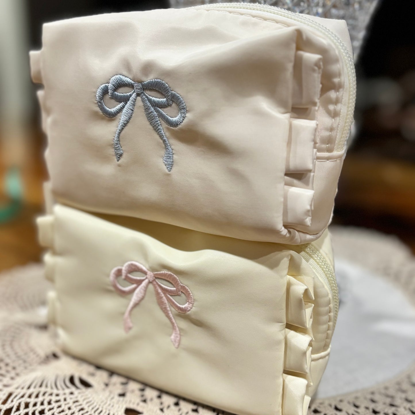 Cosmetic Bag Featuring Embroidered Blue or Pink Bow