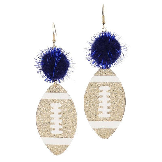 Navy Tinsel Pom & Golden Glitter Acrylic Football Earrings