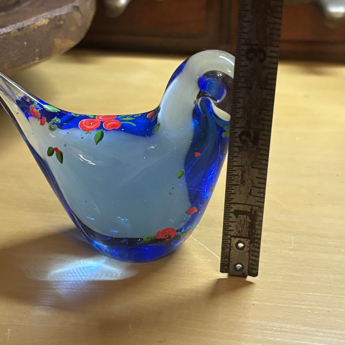 Glass Bluebird with Hand Painted Flowers Paperweight