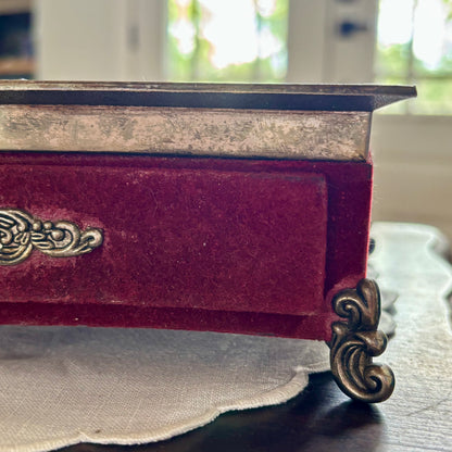 Vintage Red Velvet Footed Hollywood Regency Style Vanity Dresser Jewelry Box