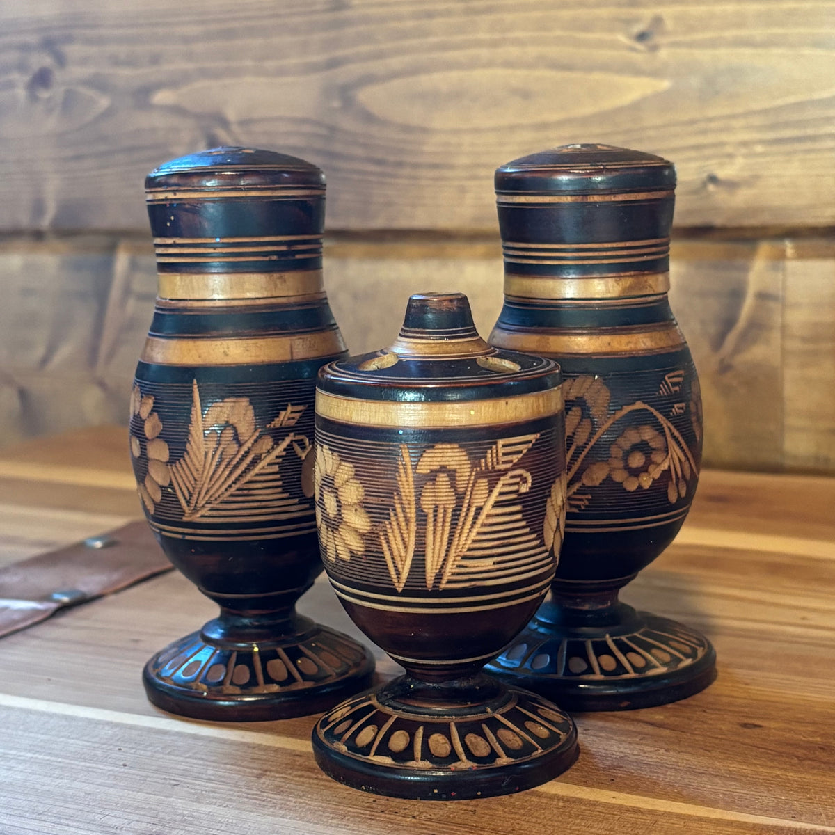 Carved Wood Salt & Pepper and Toothpick Holder Set