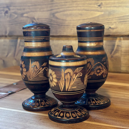 Carved Wood Salt & Pepper and Toothpick Holder Set