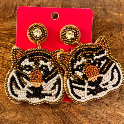 Tiger Face Seed Bead Statement Post Back Earrings