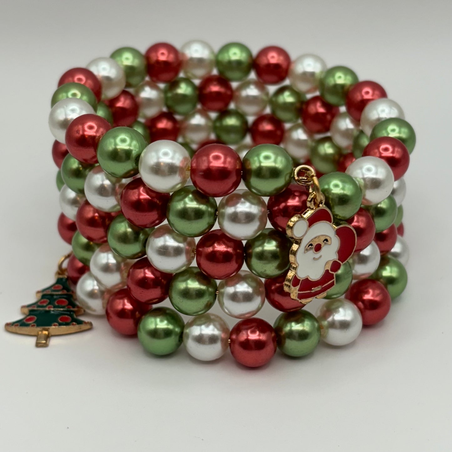 Christmas Wrap Bracelet Featuring Red, Green, White Beads with Santa & Christmas Tree Charms