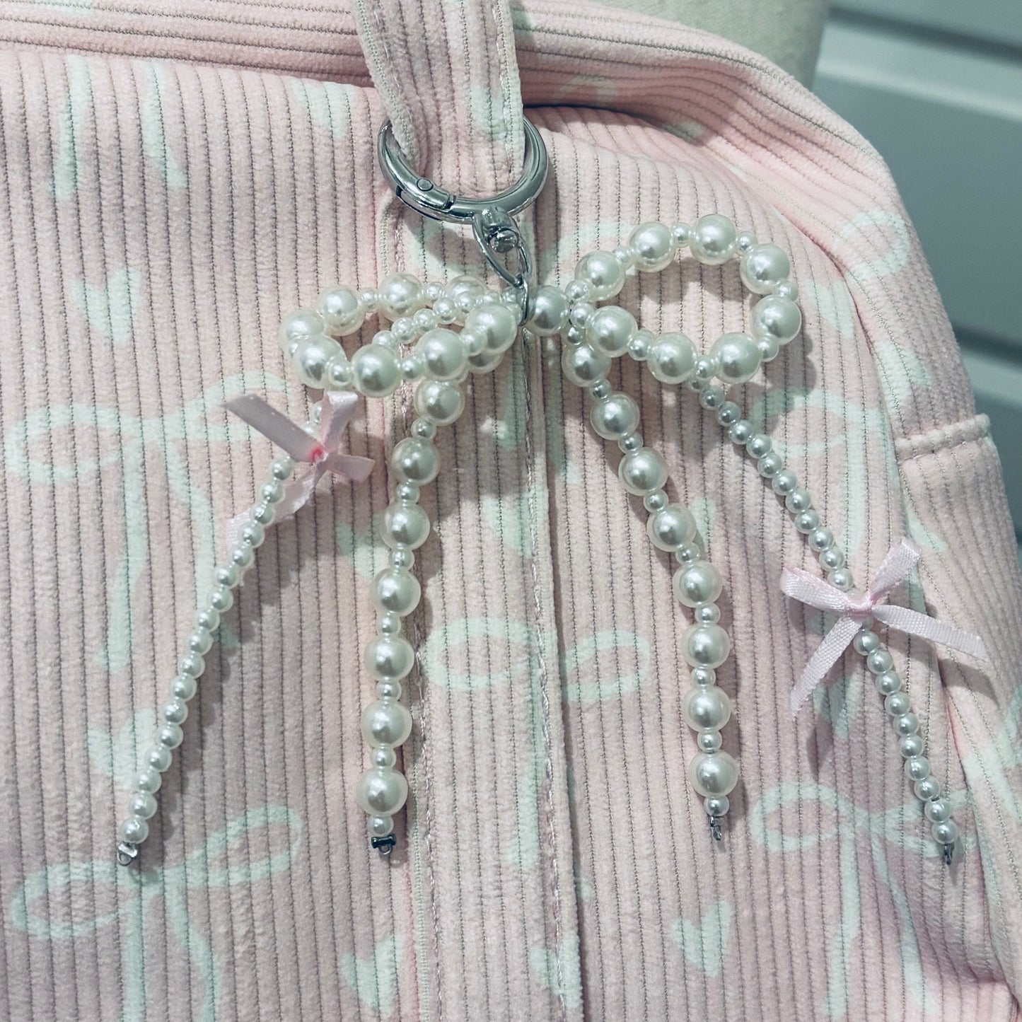 Pink Bag with White Bows Decorated with Ribbon and Pearls