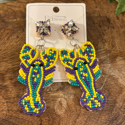 Mardi Gras Seed Bead Drop Earrings • Streetcar • Crawfish • Fleur de lis