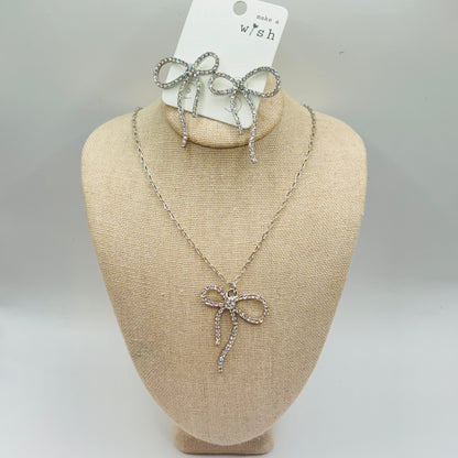 Dainty Chain Link Necklace Featuring Rhinestone Studded Bow Pendant or Earrings