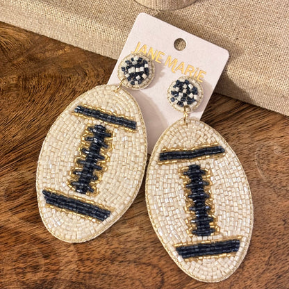 Navy and Ivory Football Earrings with Navy Ivory Gold Seed Bead