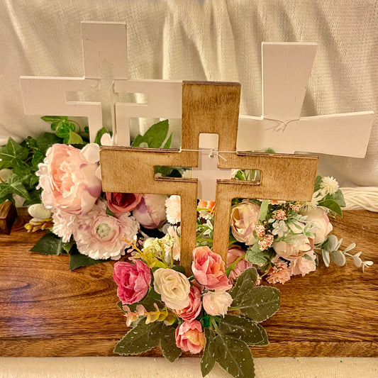 Handmade Stained or Chalk Painted Wooden Cross with Floral Arrangement at Base