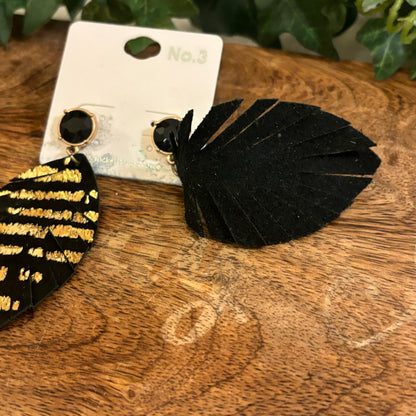 Black and Gold Post Back Earrings 3” Long