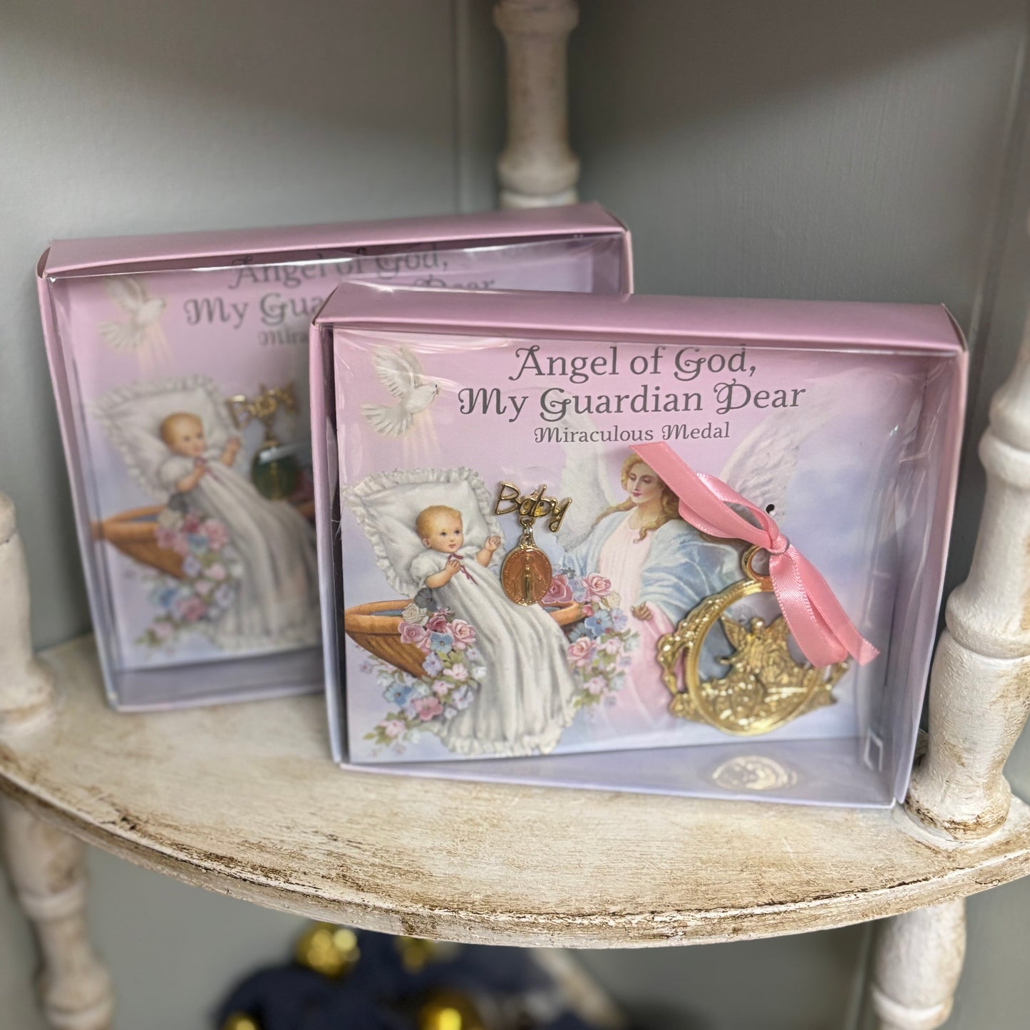 Guardian Angel Crib Medal with Miraculous Medal Crib Broach