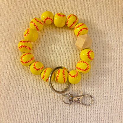 Baseball or Softball Chunky Wooden Bead Bangle Bracelet Key Ring