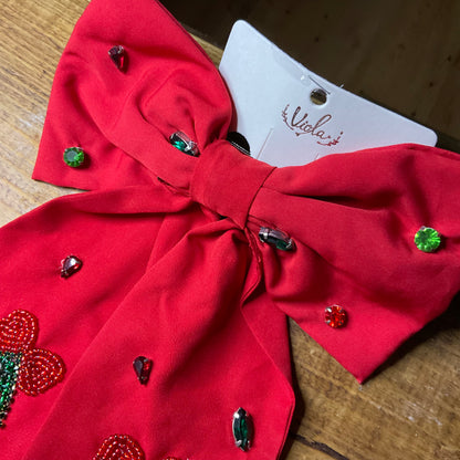 Christmas Hair Bow Featuring Seed Bead and Colored Stones