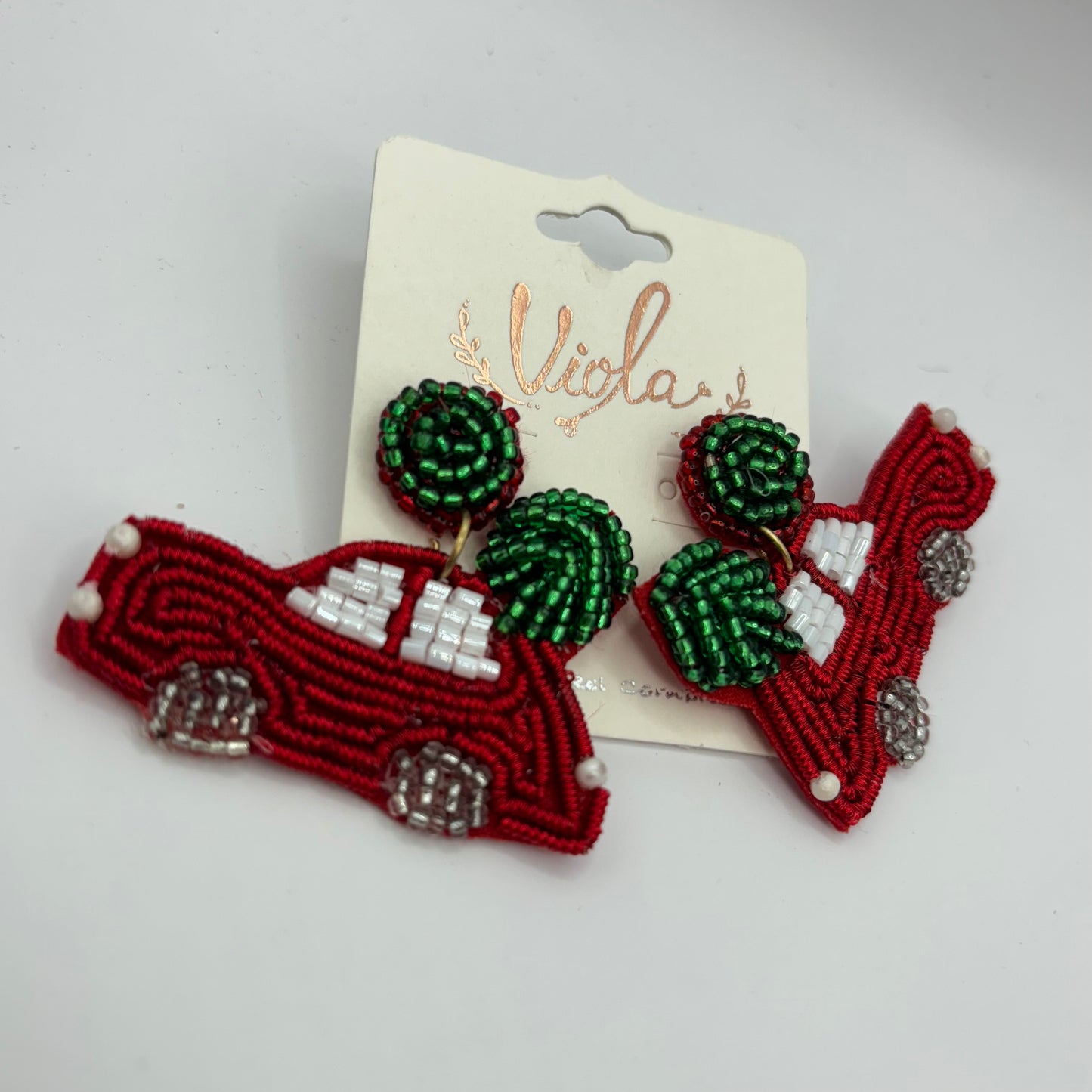 Christmas Statement Seed Bead Post Back Earrings ~Cow Print Boots • Car with Tree