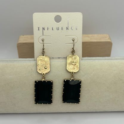 Hammered Gold Metal Dangle Earrings with Black Stone