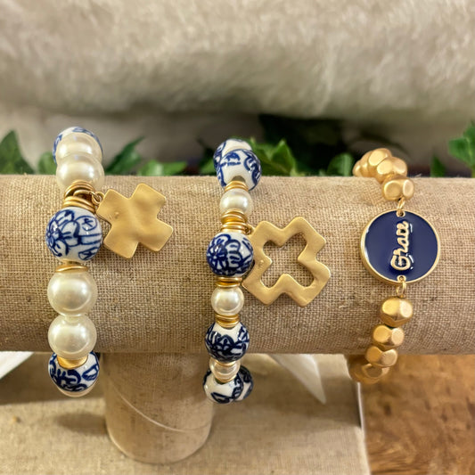 Square Cross on Pearl & Navy Blue Porcelain Beaded Bracelet • Grace Enamel Bracelet