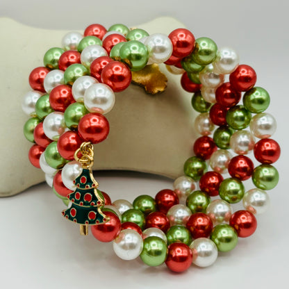 Christmas Wrap Bracelet Featuring Red, Green, White Beads with Santa & Christmas Tree Charms