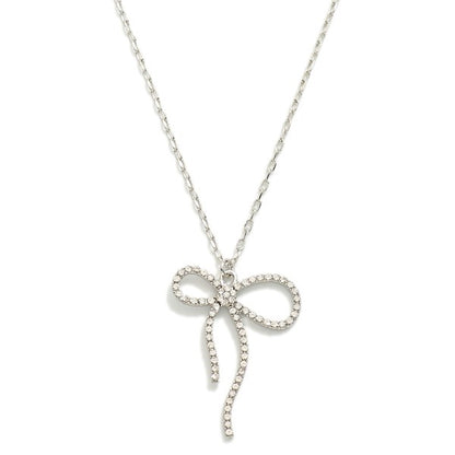 Dainty Chain Link Necklace Featuring Rhinestone Studded Bow Pendant or Earrings